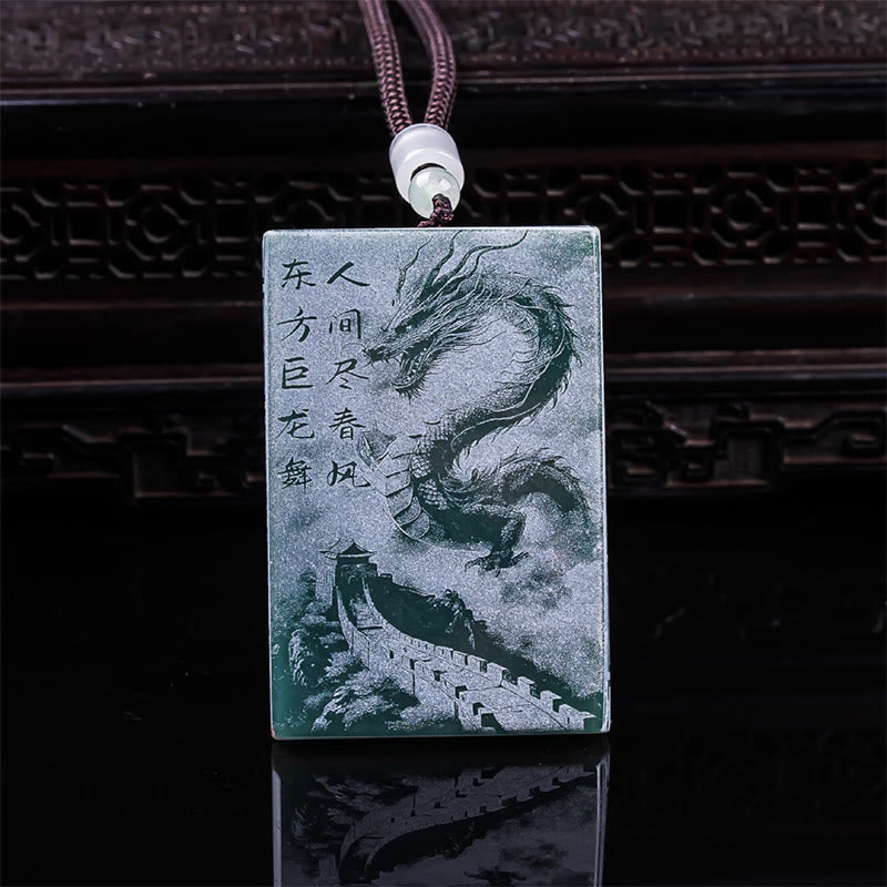 Dragon Rectangular Jade Rope Luck Success Necklace Pendants