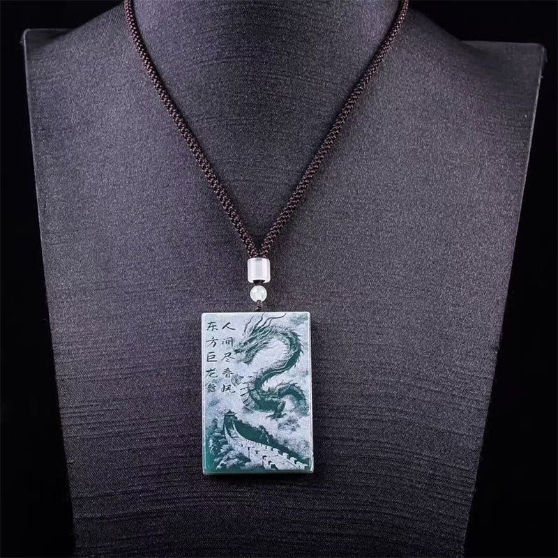 Dragon Rectangular Jade Rope Luck Success Necklace Pendants