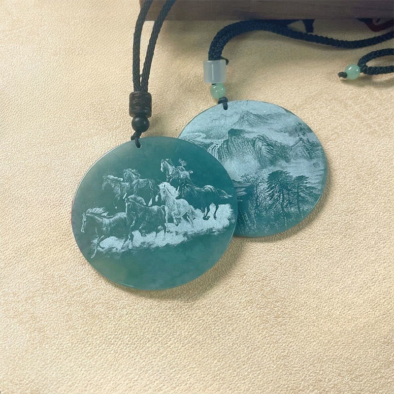 Year Of The Horse Round Charm Carved Jade Stone Prosperity Necklace Pendants