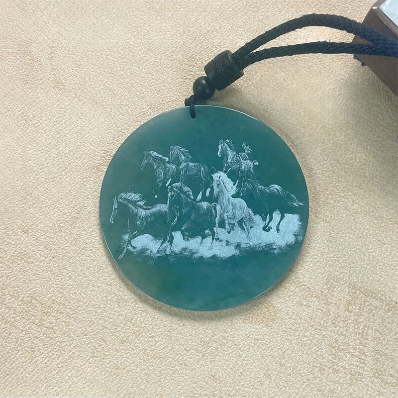 Year Of The Horse Round Charm Carved Jade Stone Prosperity Necklace Pendants