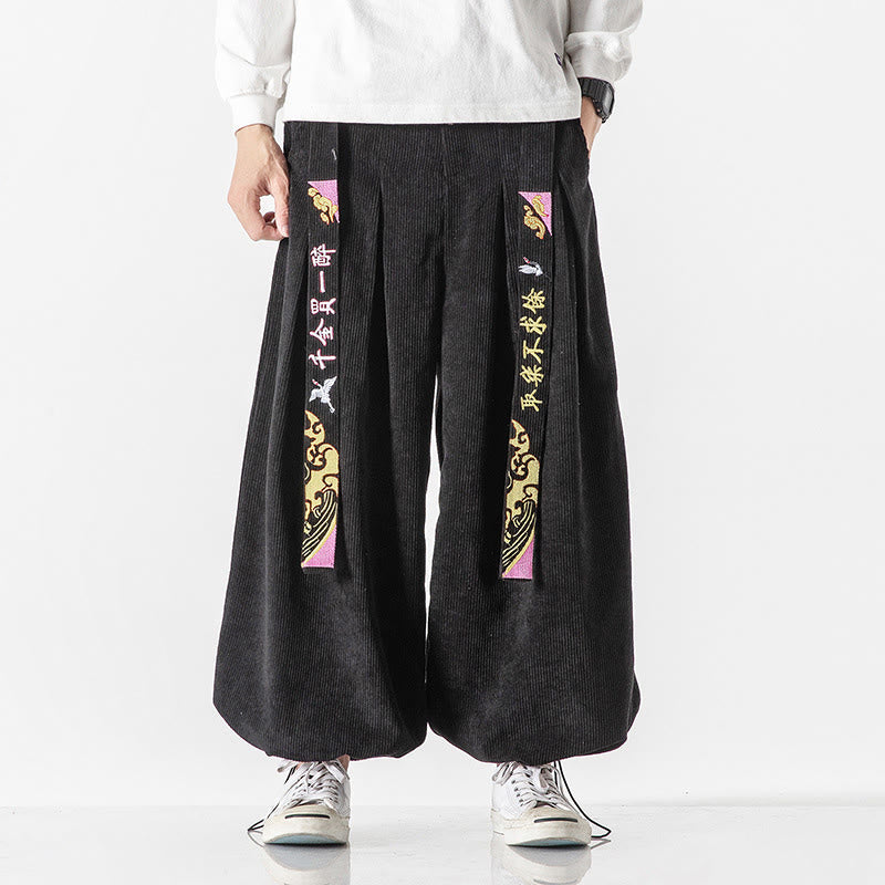 Tactile Corduroy Lace-Up Embroidered Men's Meditation Pants