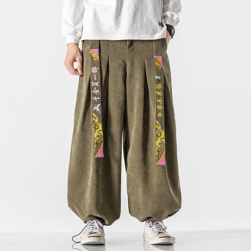 Tactile Corduroy Lace-Up Embroidered Men's Meditation Pants