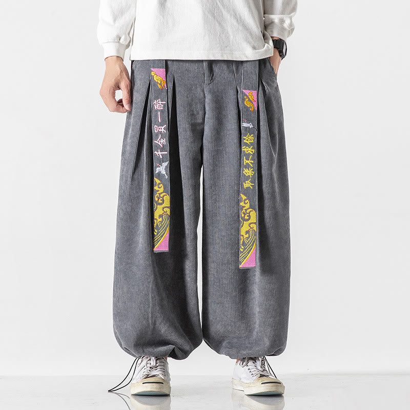 Tactile Corduroy Lace-Up Embroidered Men's Meditation Pants