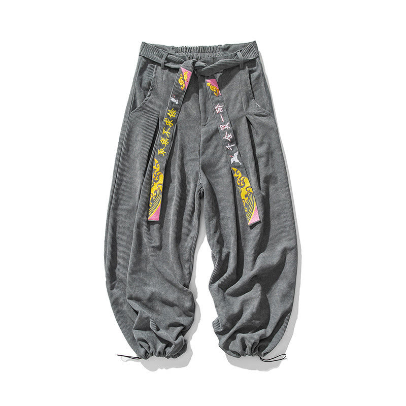 Tactile Corduroy Lace-Up Embroidered Men's Meditation Pants