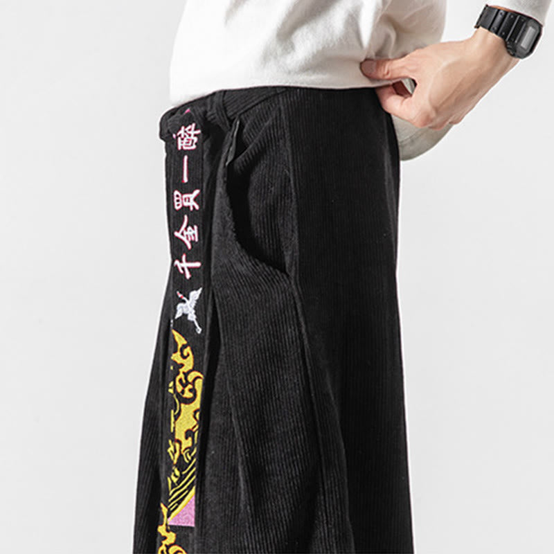 Tactile Corduroy Lace-Up Embroidered Men's Meditation Pants
