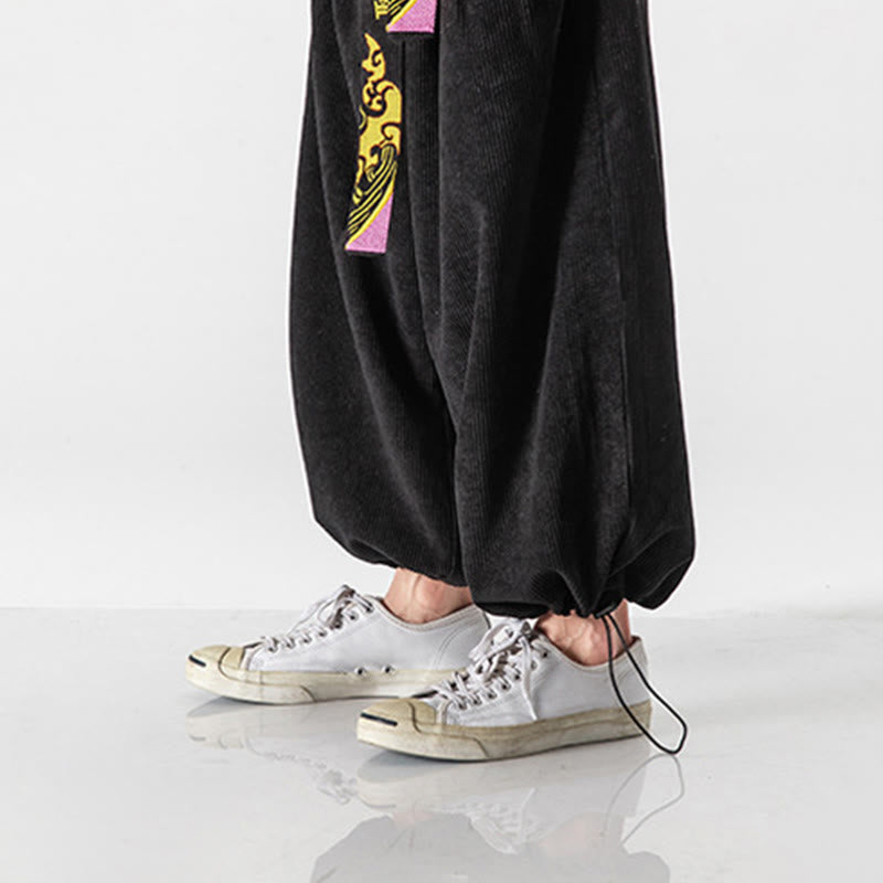 Tactile Corduroy Lace-Up Embroidered Men's Meditation Pants