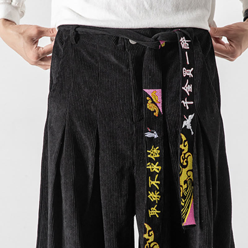 Tactile Corduroy Lace-Up Embroidered Men's Meditation Pants