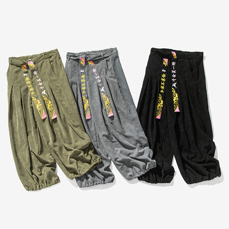 Tactile Corduroy Lace-Up Embroidered Men's Meditation Pants