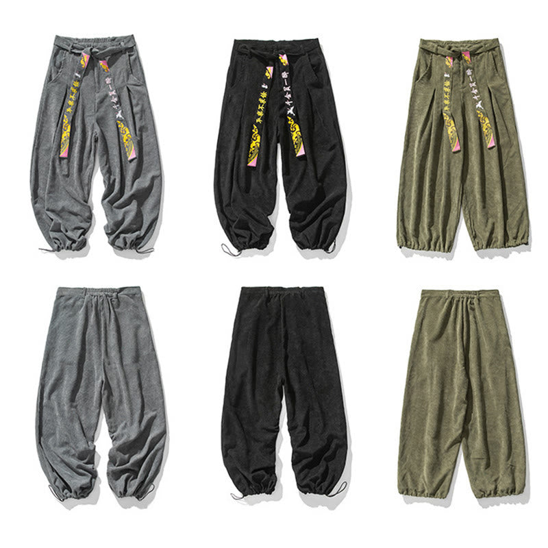 Tactile Corduroy Lace-Up Embroidered Men's Meditation Pants