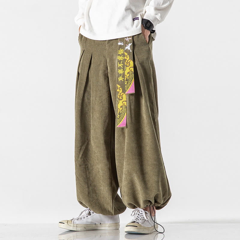 Tactile Corduroy Lace-Up Embroidered Men's Meditation Pants