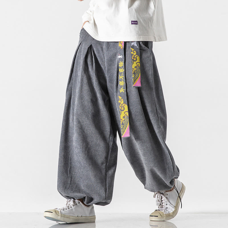 Tactile Corduroy Lace-Up Embroidered Men's Meditation Pants