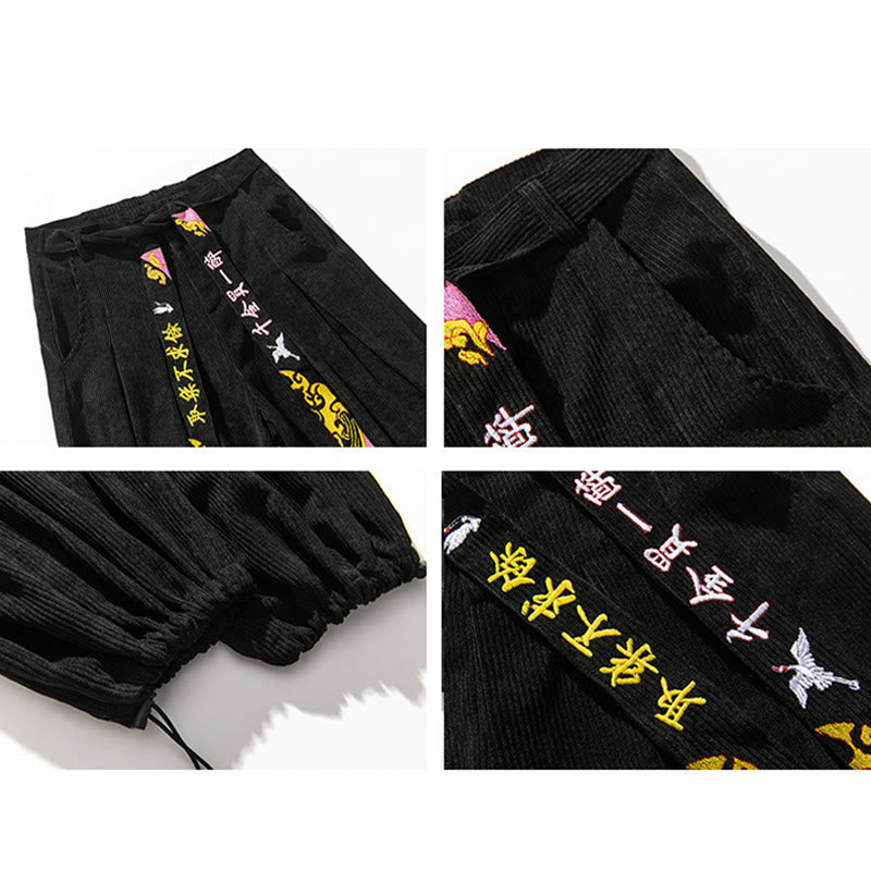 Tactile Corduroy Lace-Up Embroidered Men's Meditation Pants