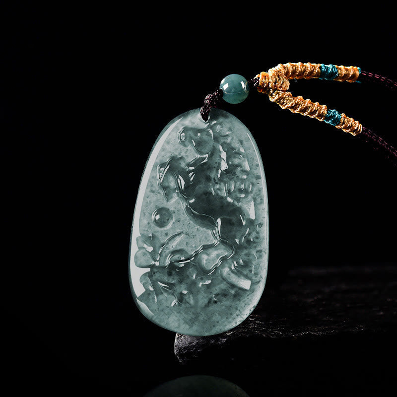 Hand-Carved Jade Horse & Dragon Pendant with Copper Coin Rope Necklace