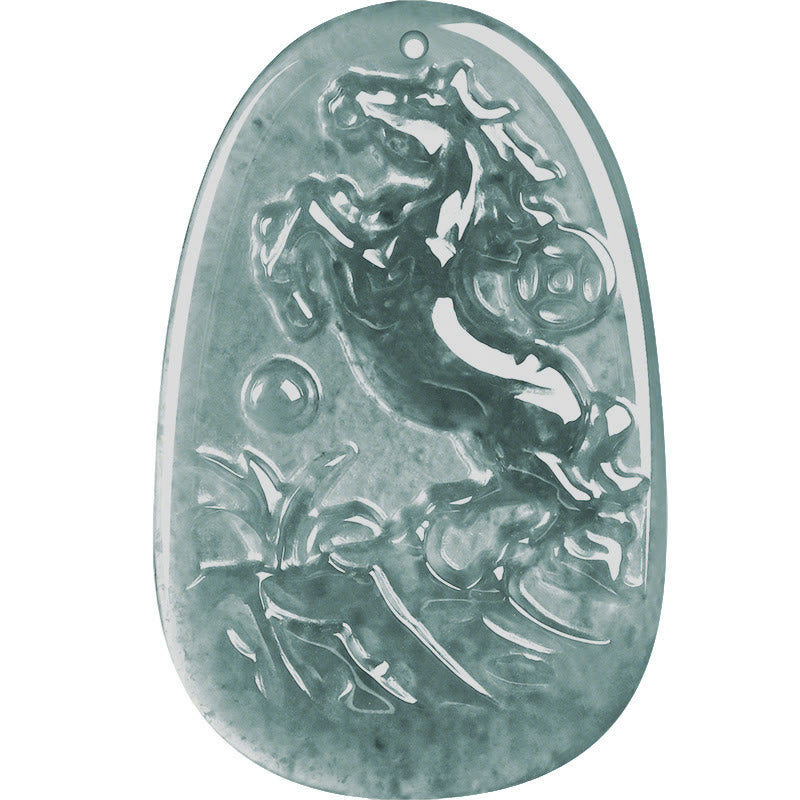 Hand-Carved Jade Horse & Dragon Pendant with Copper Coin Rope Necklace