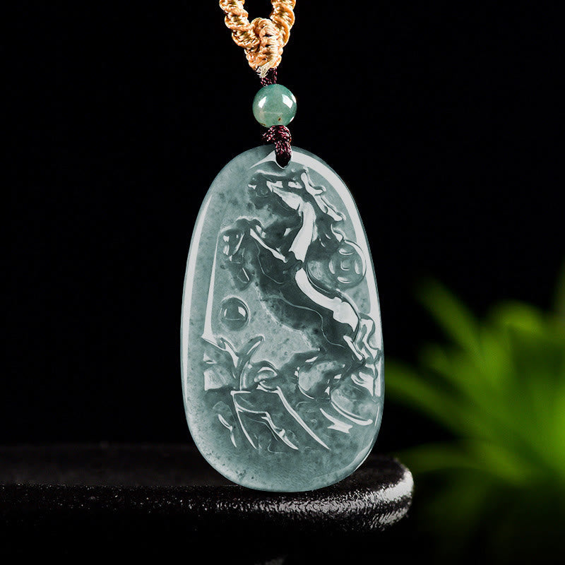 Hand-Carved Jade Horse & Dragon Pendant with Copper Coin Rope Necklace