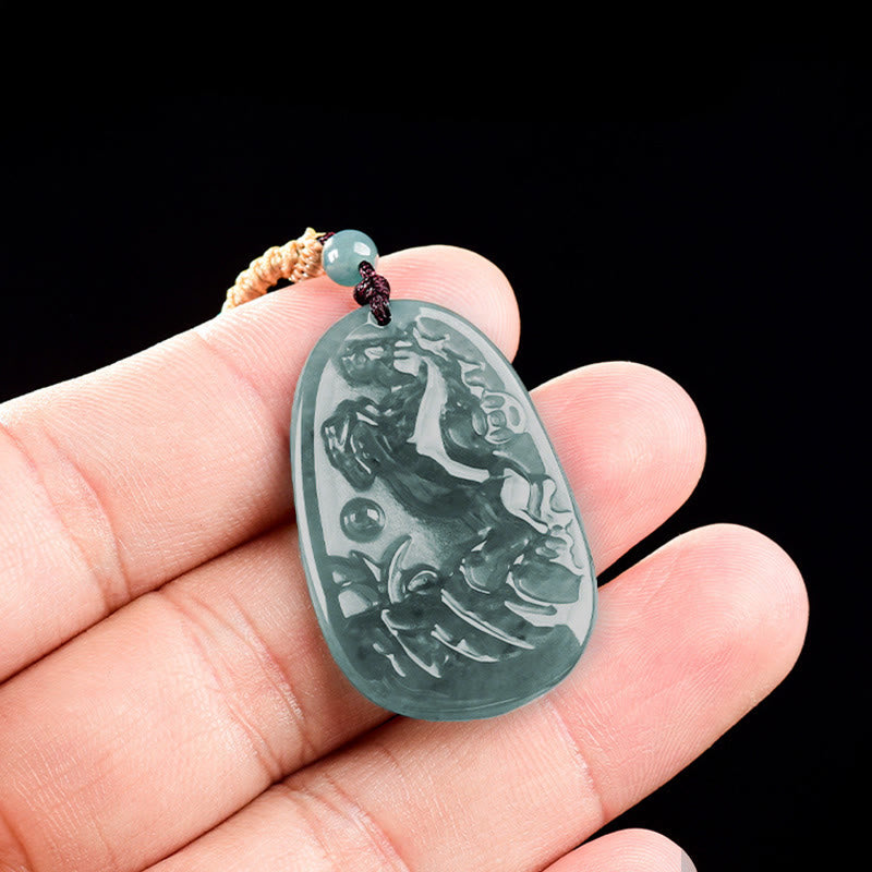 Hand-Carved Jade Horse & Dragon Pendant with Copper Coin Rope Necklace