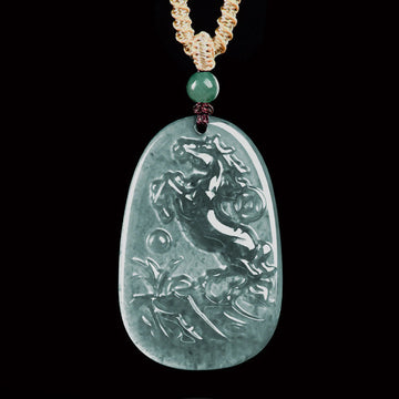 Hand-Carved Jade Horse & Dragon Pendant with Copper Coin Rope Necklace
