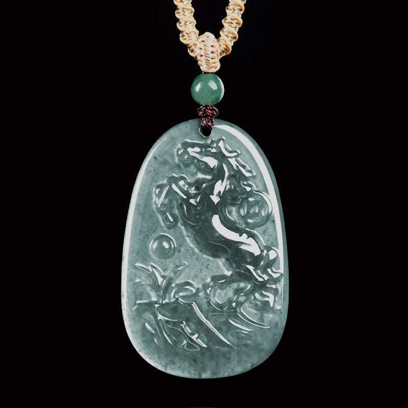 Hand-Carved Jade Horse & Dragon Pendant with Copper Coin Rope Necklace