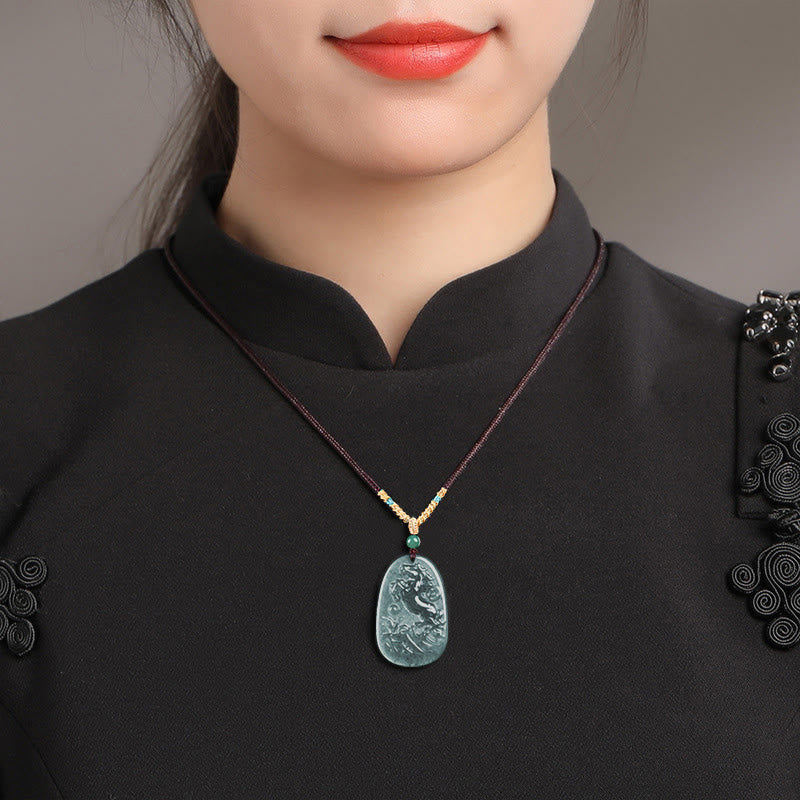Hand-Carved Jade Horse & Dragon Pendant with Copper Coin Rope Necklace