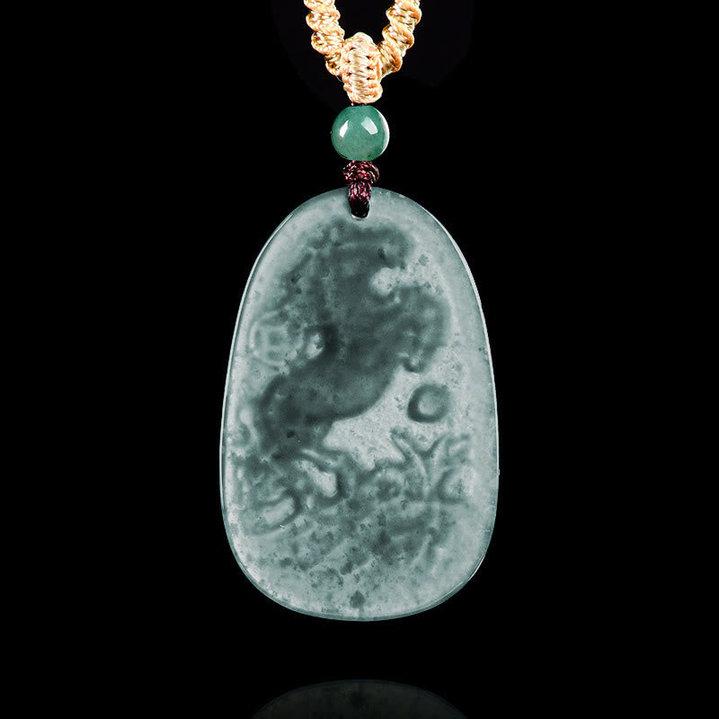 Hand-Carved Jade Horse & Dragon Pendant with Copper Coin Rope Necklace