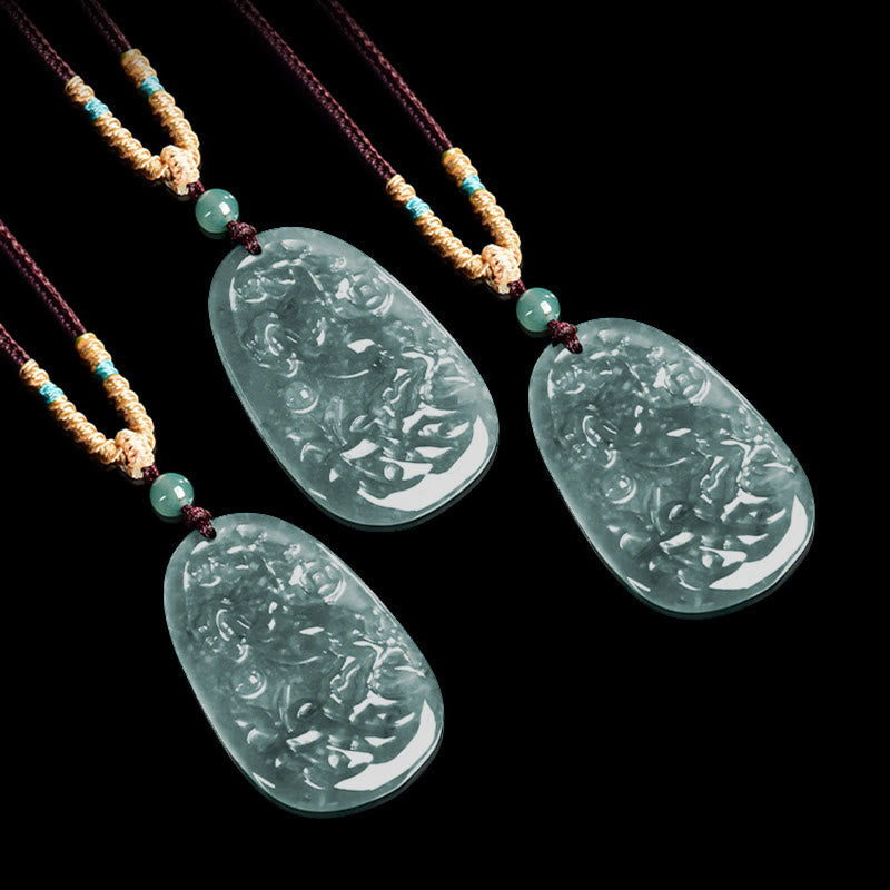 Hand-Carved Jade Horse & Dragon Pendant with Copper Coin Rope Necklace