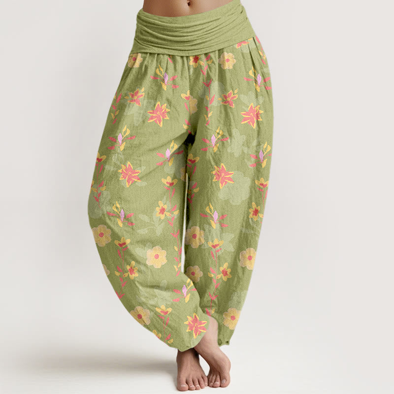 Botanical Cotton Pleated Waist Meditation Harem Pants