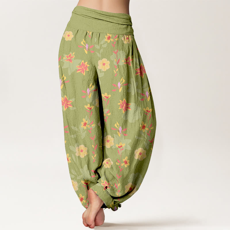 Botanical Cotton Pleated Waist Meditation Harem Pants