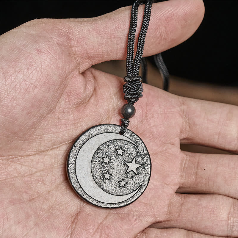 Moon Star Round Design Authentic Shungite Stone Protection Necklace Pendant