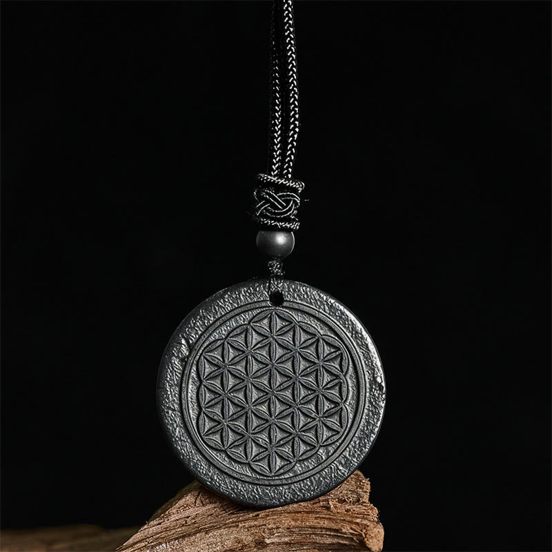 Flower of Life Carving Design Authentic Shungite Stone Protection Necklace Pendant