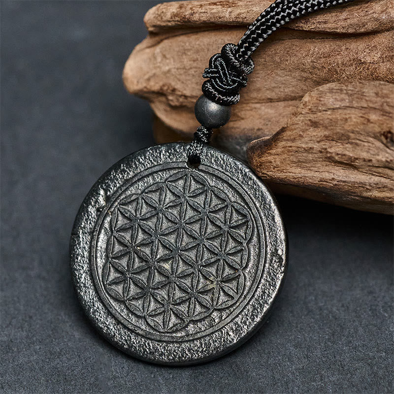 Flower of Life Carving Design Authentic Shungite Stone Protection Necklace Pendant