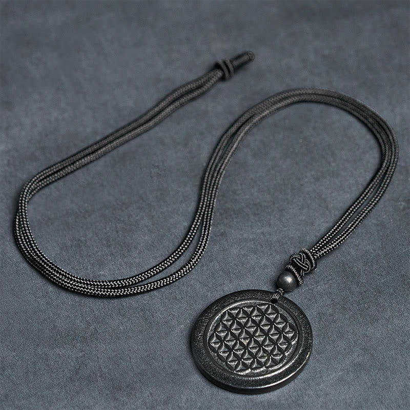 Flower of Life Carving Design Authentic Shungite Stone Protection Necklace Pendant
