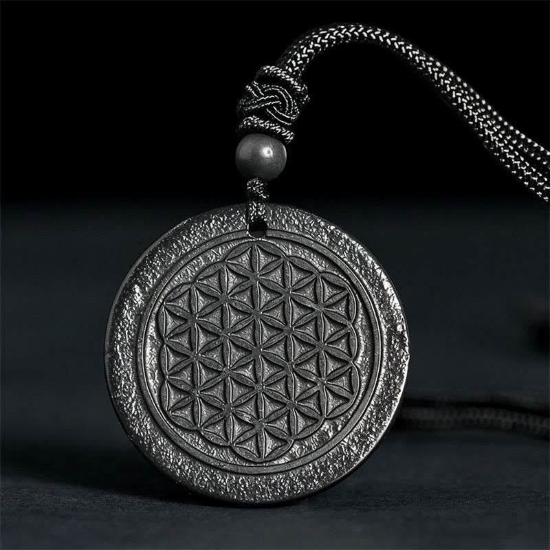 Flower of Life Carving Design Authentic Shungite Stone Protection Necklace Pendant