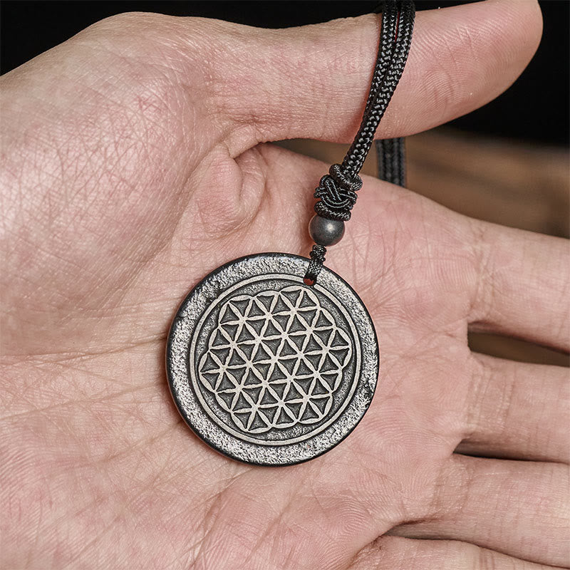 Flower of Life Carving Design Authentic Shungite Stone Protection Necklace Pendant