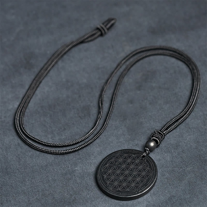 Flower of Life Carving Design Authentic Shungite Stone Protection Necklace Pendant