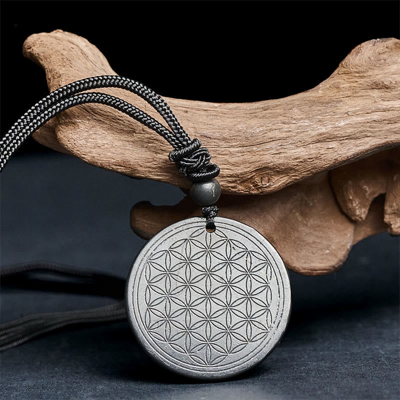 Flower of Life Carving Design Authentic Shungite Stone Protection Necklace Pendant
