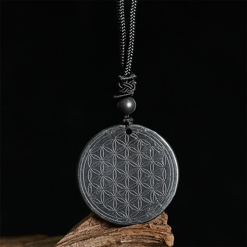 Flower of Life Carving Design Authentic Shungite Stone Protection Necklace Pendant