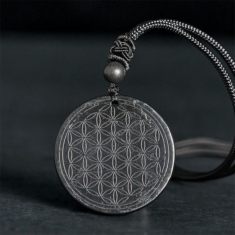 Flower of Life Carving Design Authentic Shungite Stone Protection Necklace Pendant