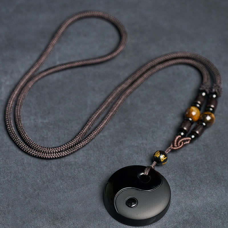 Yin Yang Symbol Om Mani Padme Hum Black Obsidian Strength Necklace Pendant