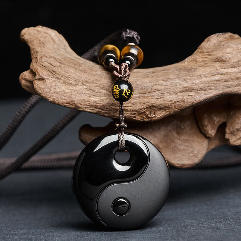 Yin Yang Symbol Om Mani Padme Hum Black Obsidian Strength Necklace Pendant