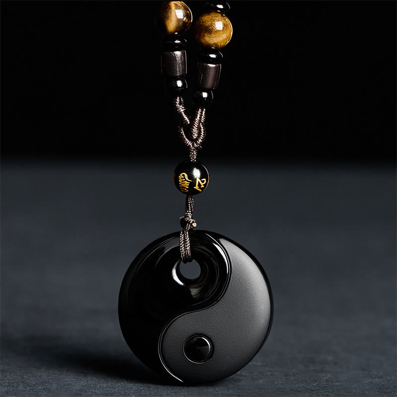 Yin Yang Symbol Om Mani Padme Hum Black Obsidian Strength Necklace Pendant