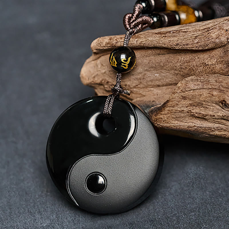 Yin Yang Symbol Om Mani Padme Hum Black Obsidian Strength Necklace Pendant