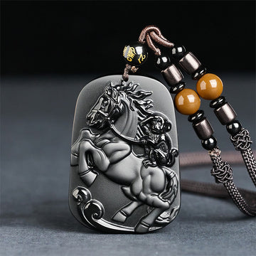 Year of the Horse Monkey Pattern Om Mani Padme Hum Black Obsidian Strength Necklace Pendant