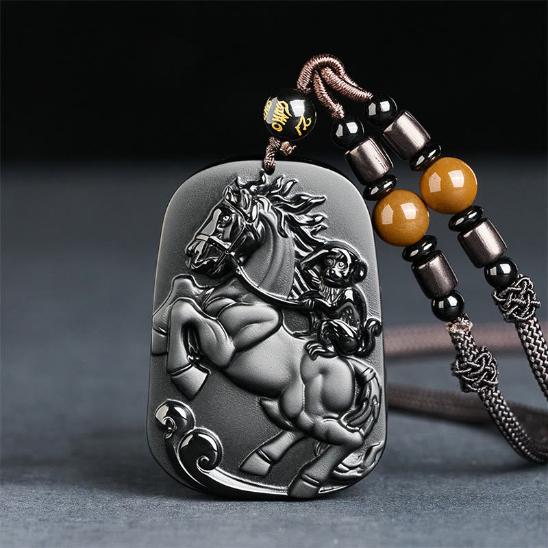 Year of the Horse Monkey Pattern Om Mani Padme Hum Black Obsidian Strength Necklace Pendant