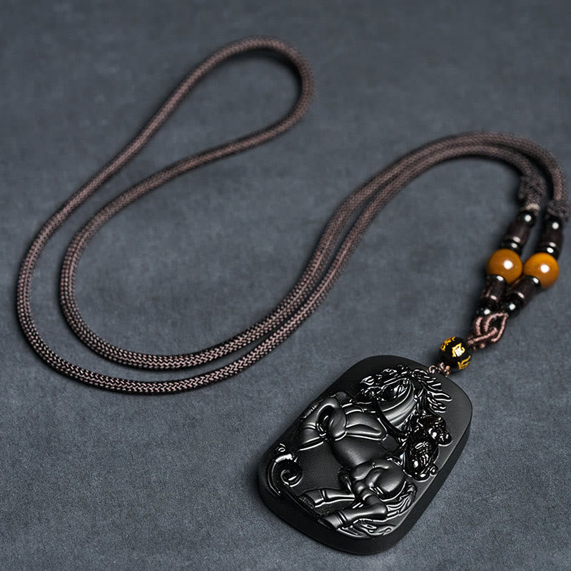 Year of the Horse Monkey Pattern Om Mani Padme Hum Black Obsidian Strength Necklace Pendant