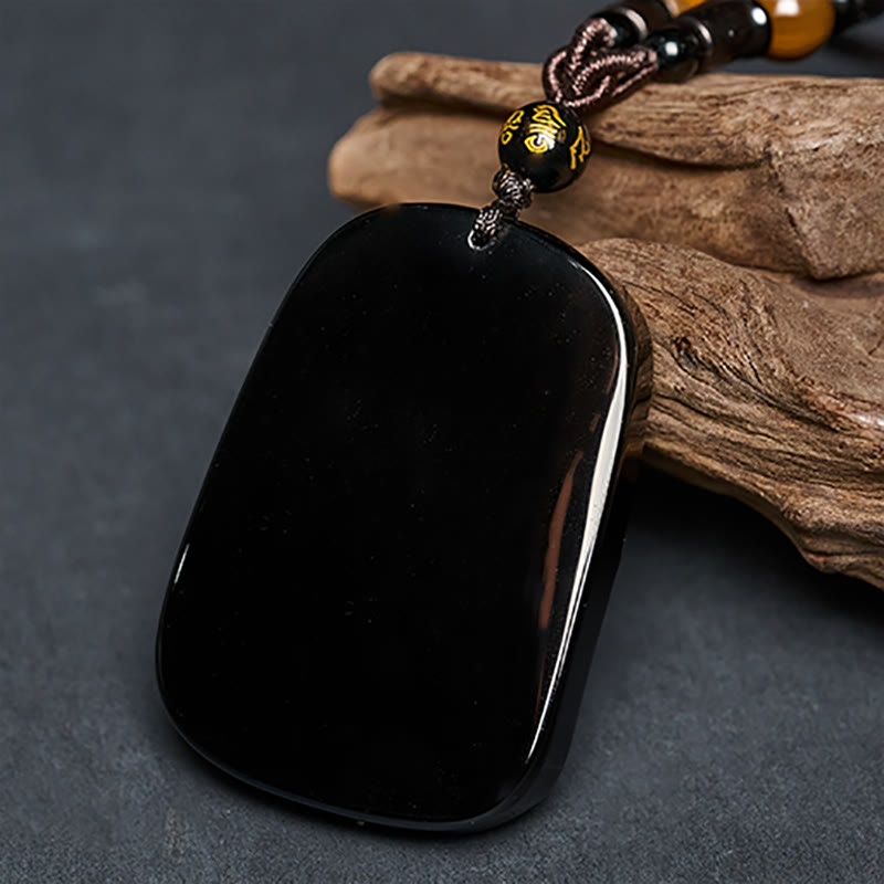 Year of the Horse Monkey Pattern Om Mani Padme Hum Black Obsidian Strength Necklace Pendant