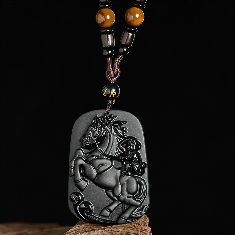 Year of the Horse Monkey Pattern Om Mani Padme Hum Black Obsidian Strength Necklace Pendant