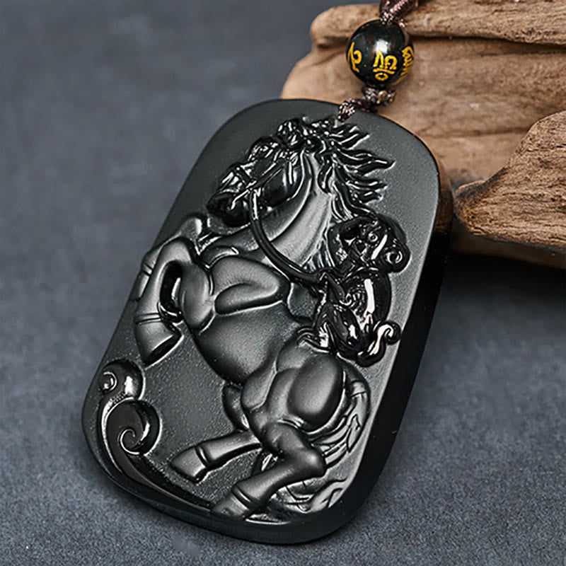 Year of the Horse Monkey Pattern Om Mani Padme Hum Black Obsidian Strength Necklace Pendant