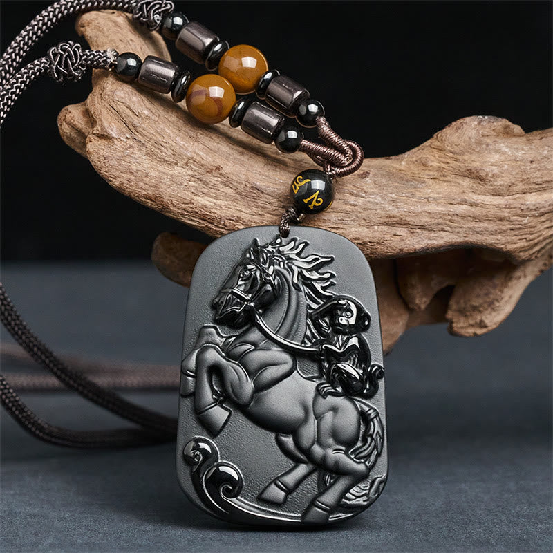 Year of the Horse Monkey Pattern Om Mani Padme Hum Black Obsidian Strength Necklace Pendant