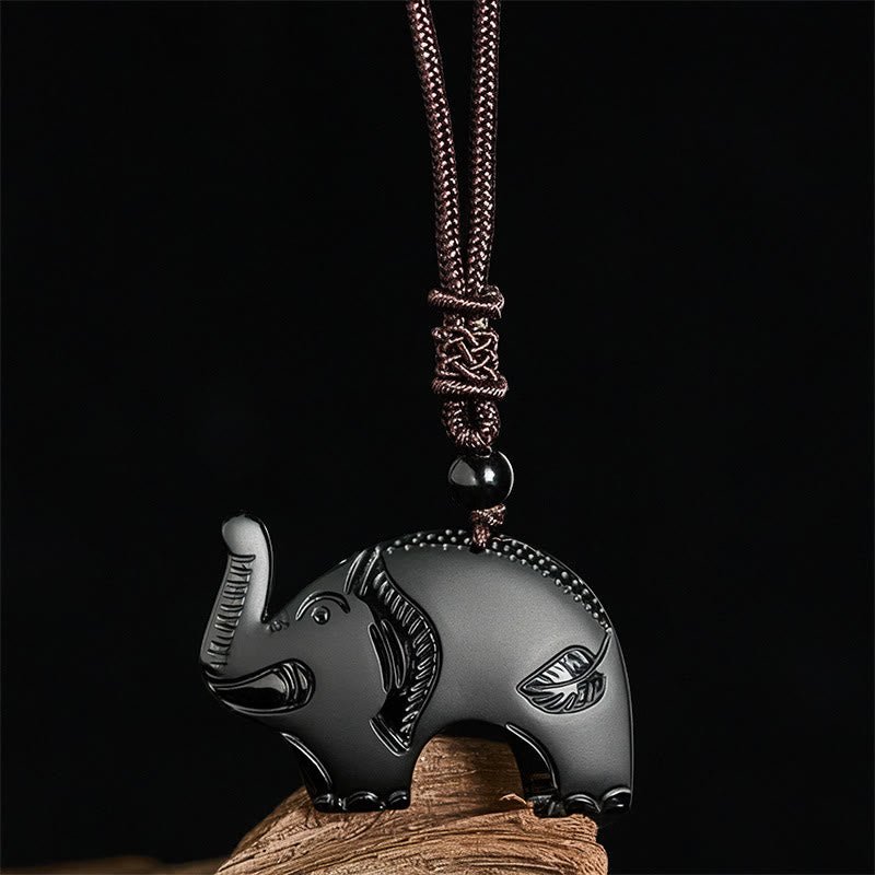Elephant Symbol Carved Design Black Obsidian Strength Necklace Pendant