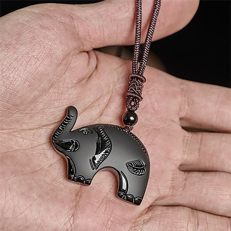 Elephant Symbol Carved Design Black Obsidian Strength Necklace Pendant